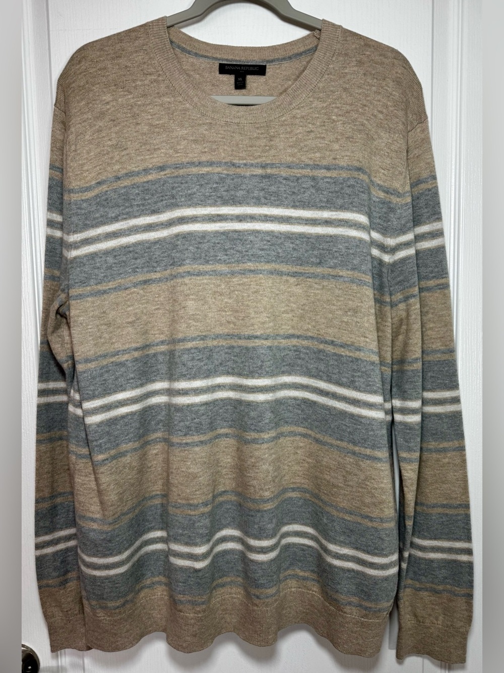 Banana Republic Men's Long-Sleeve Striped Crewneck Sweater Tan/Gray/White #1006